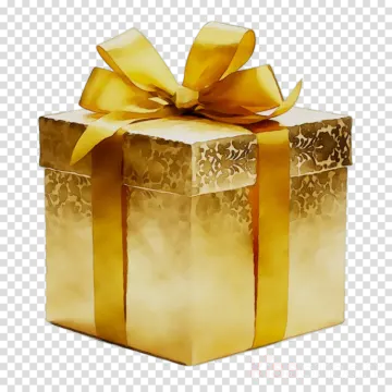 a gold gift box with a yellow ribbon and bow