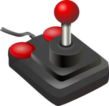 a red button on a black joystick