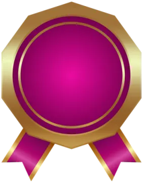 a gold medal with a pink ribbon