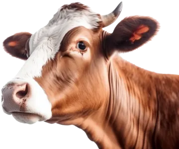 a close up of a brown and white cow