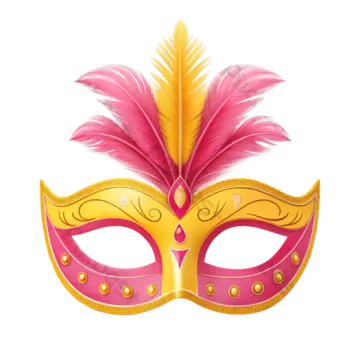 a pink and yellow mask with feathers