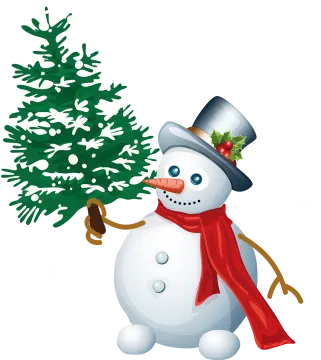a snowman holding a christmas tree