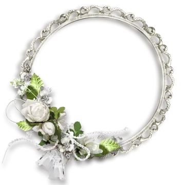 a silver frame with white flowers and green leaves