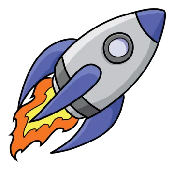a cartoon rocket with an orange and blue tail