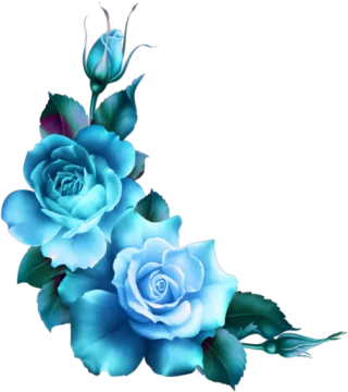 a blue rose with green leaves on it