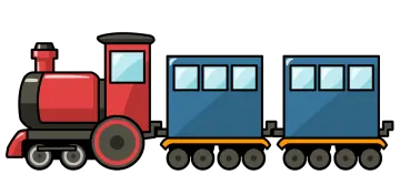 a red and blue train on a white background