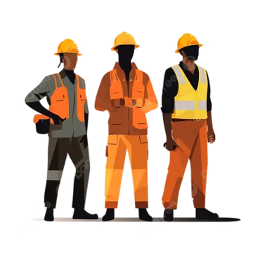 three construction workers standing in front of a white background