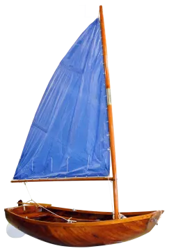 a wooden sailer with blue sails on a white background
