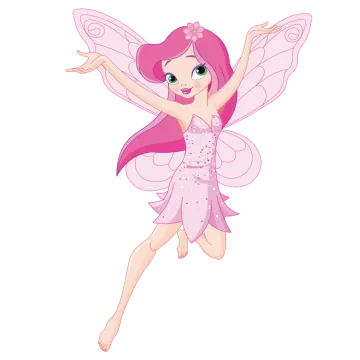 a cartoon fairy with pink hair and green eyes