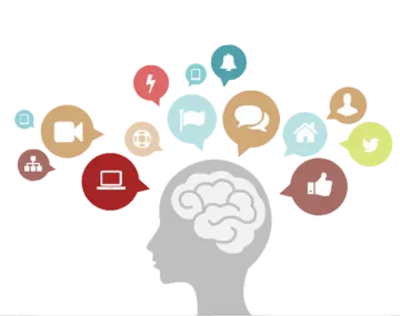 a person's head with social icons coming out of it