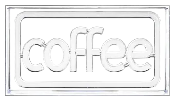 a clear glass sign with the word coffee