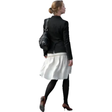 a woman in a black jacket and white skirt