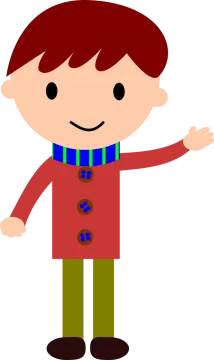 a boy wearing a red coat and green pants