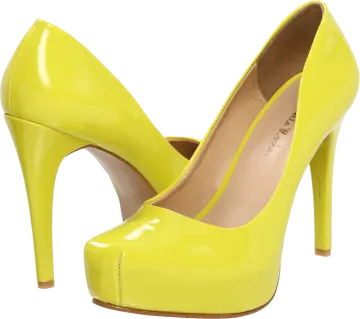 a pair of yellow heels on a white background