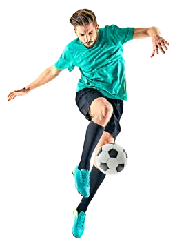 a man kicking a soccer ball in the air
