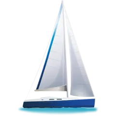 a white sail boat with blue sails
