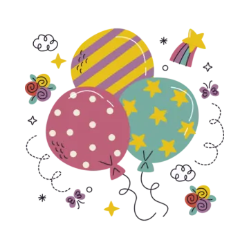a bunch of balloons with stars and cons