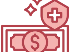 a red and white icon of a house with money on it
