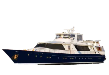 a blue and white boat on a white background