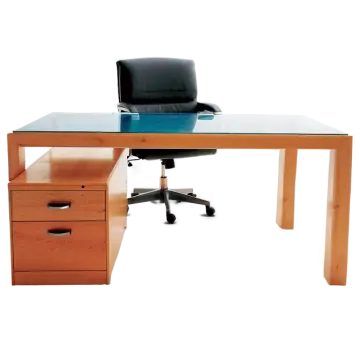 an office desk with a glass top and drawers