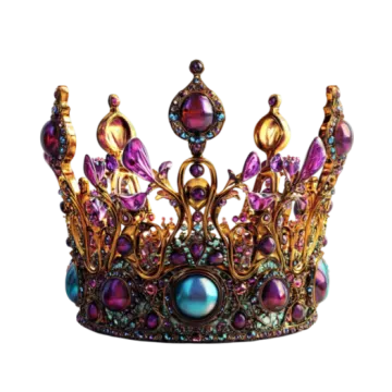 a gold crown with purple and blue crystals