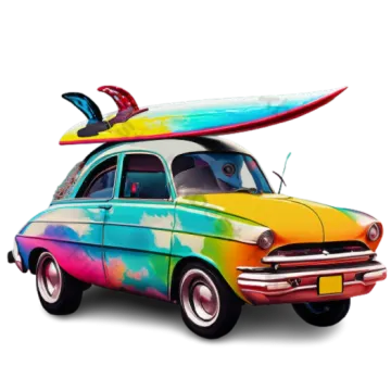 an old car with a surfboard on top