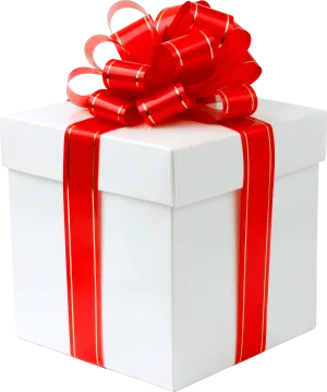 a white gift box with a red ribbon