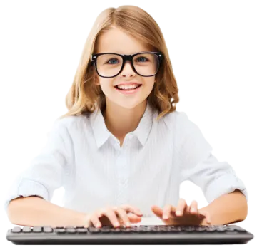 a young girl wearing glasses and typing on a keyboard
