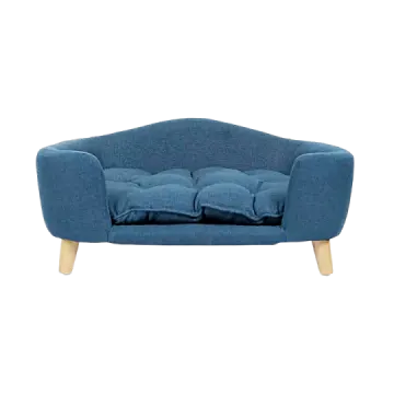 a blue sofa with wooden legs and a cushion