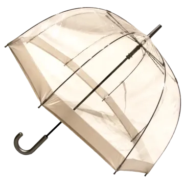 an open clear umbrella with a black handle