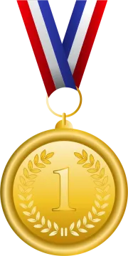 a gold medal with a red, white and blue ribbon