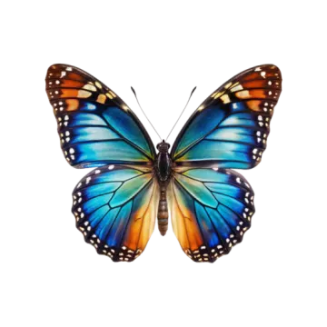 a blue and orange butterfly on a white background