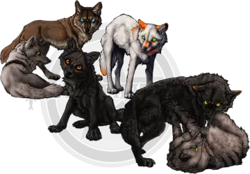 a group of wolves with green eyes