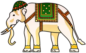 an elephant with a green hat and yellow pants