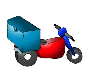 a red and blue motorcycle with a box on the back
