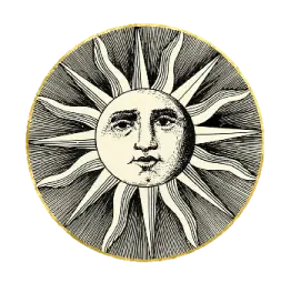 a black and white drawing of a sun with a face