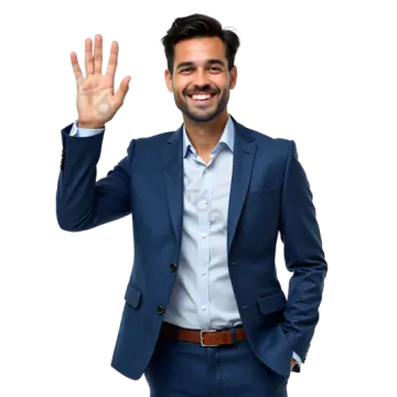a man in a blue suit and white shirt with his hand up