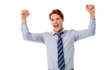 a man in a blue shirt and tie with his hands up