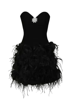 a black dress with feathers on it