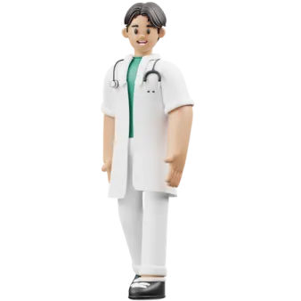 a male doctor wearing a white coat and green shirt