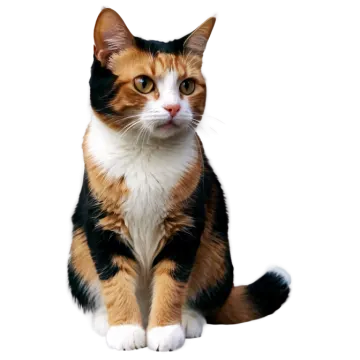 a black, orange and white cat sitting down