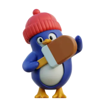 a blue bird wearing a red hat and holding a piece of chocolate