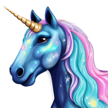a blue unicorn with pink hair and a gold horn