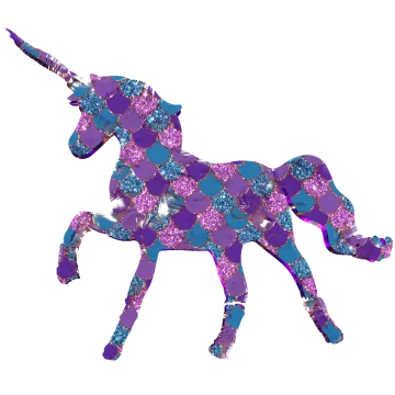 a purple unicorn with blue and pink glitters on it