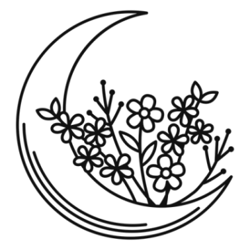 a black and white drawing of flowers on a crescent