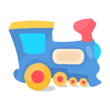 a blue toy train with red wheels