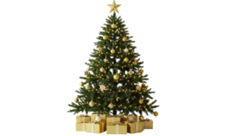 a small christmas tree with gold ornaments and presents