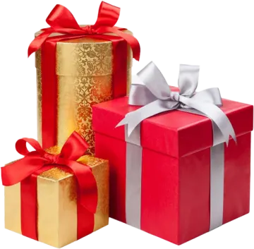 three red and gold gift boxes with bows