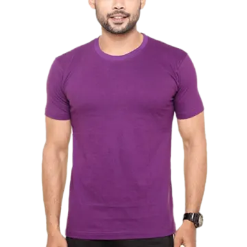 a man wearing a purple t - shirt