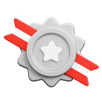 a red and white badge with a star on it